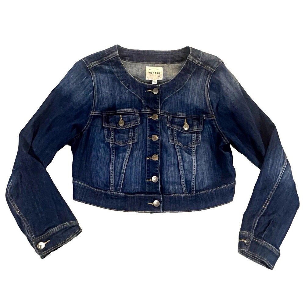 Torrid Cropped Blue Jean Denim Jacket Dark Wash Round Neck LARGE